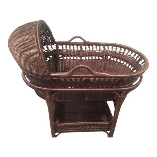 Country Style Pottery Barn Dark Rattan Baby Bassinett For Sale