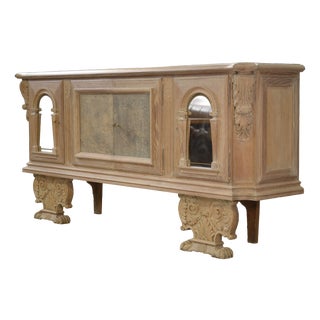 Large 4-Door Sideboard in Cerused Oak, Reverse-Painted Mirror and Leather, 1950s For Sale
