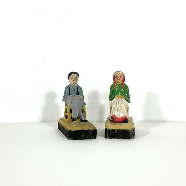 Green Vintage French Canadian Folk Art Carved and Painted Wood Couple- Set of 2 For Sale - Image 8 of 8