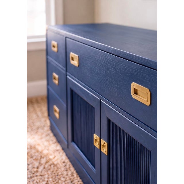 Campaign Professionally Refinished Dixie Solid Wood Campaign Dresser in Custom Navy Blue For Sale - Image 3 of 4