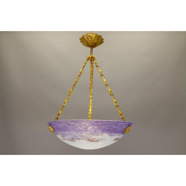 French Art Nouveau Lilac and White Glass Pendant Light from Muller Strasbourg For Sale - Image 3 of 18
