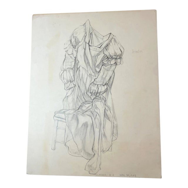 Original 1949 Vintage E. Meyer Dress Clothing Study Pencil Drawing Illustration For Sale