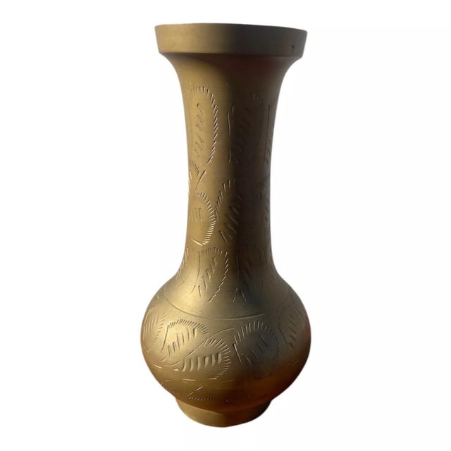 Mid-Century Modern Mid-Century Brass Bud Vase Sarna Bros India Etched Ornate Floral Design For Sale - Image 3 of 5
