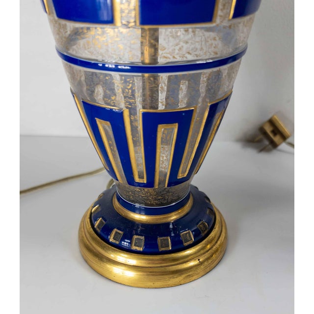 Blue 19th Century Pair of Bohemian Cameo Glass Table Lamp Vases With Greek Key Design in Blue For Sale - Image 8 of 16