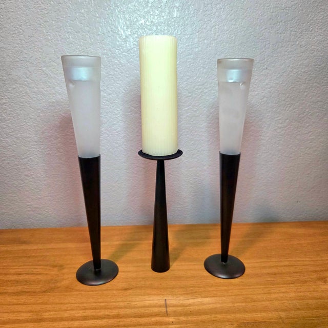 Set of 3 Northern Lights Malibu Tealight Holders, Matte Black Metal & Frosted Glass Modern Candle Stands For Sale - Image 9 of 11