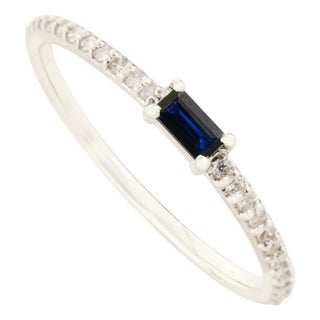 14k Gold Natural Baguette Blue Sapphire Diamond Stacking Thin Band Ring Size 4 For Sale