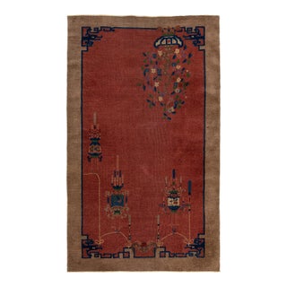 4 X 7 Red Antique Handmade Chinese Art Deco Wool Rug With Floral Design For Sale