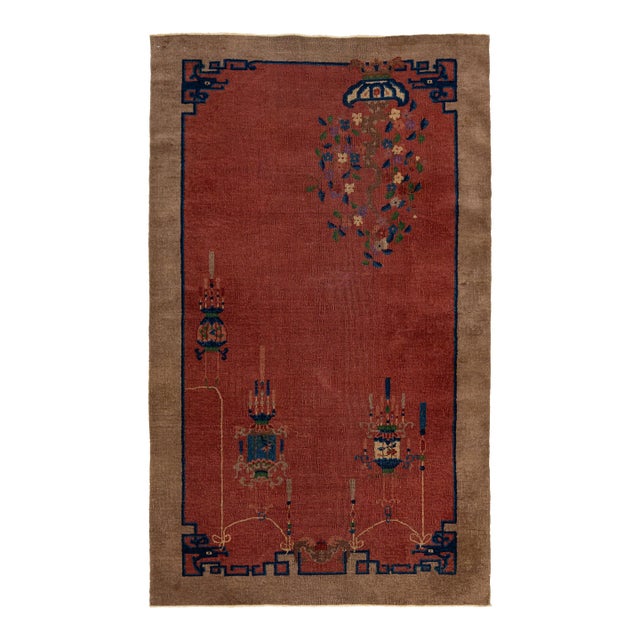4 X 7 Red Antique Handmade Chinese Art Deco Wool Rug With Floral Design For Sale