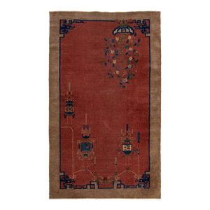 4 X 7 Red Antique Handmade Chinese Art Deco Wool Rug With Floral Design