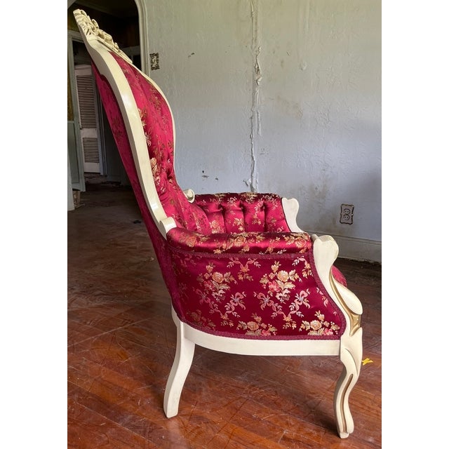 Mid 20th Century 3-Piece Victorian Rococo Revival Style Parlor Suite — Carved Cream & Gold Frames, Burgundy Brocade For Sale In Houston - Image 6 of 18