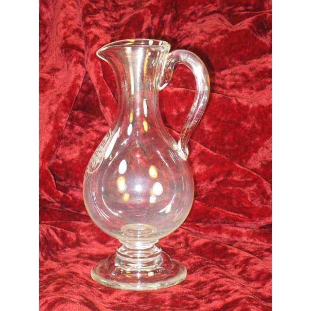 Glass Pitcher Antique Mouth Blown Hand Cut Fleur de Lis Engraved Clear Ca.1860's For Sale - Image 12 of 12