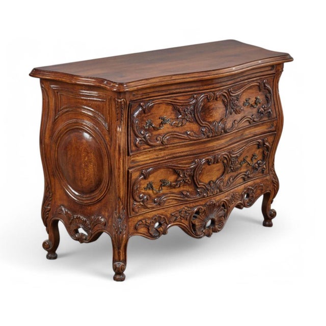 Pair of Louis XV Provincial Style Hand-Carved Two-Drawer Commodes/Chests For Sale - Image 4 of 7