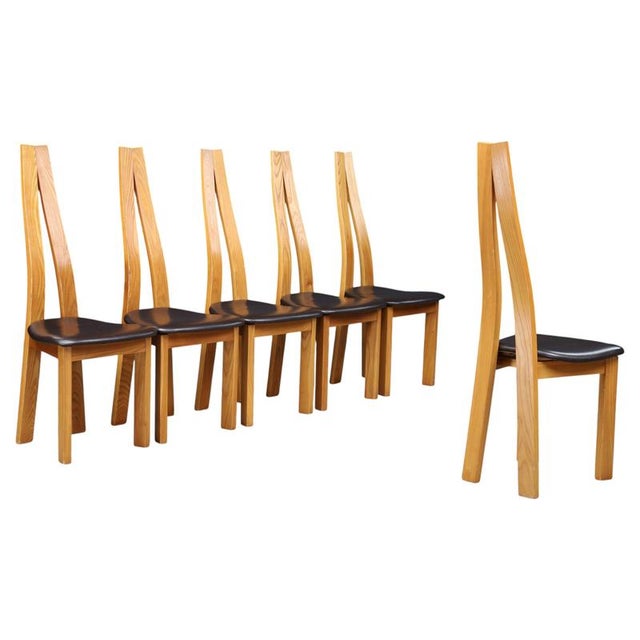 Sculptural Elm and Black Leather Dining Chairs, France, 1970s, Set of 6 For Sale - Image 17 of 17