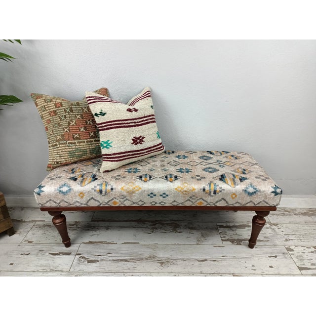 2020s Handmade Tan Rug Print Fabric Upholstered Bench For Sale - Image 5 of 11