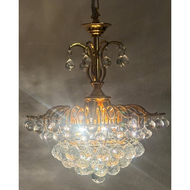 Mid-Century Modern Brass and Crystal Ball 4-Light Chandelier, 1980s For Sale - Image 3 of 15