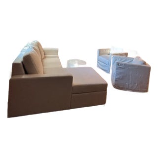 Off-White Pottery Barn Sofa With 2 Matching Chairs and Coffee Table For Sale