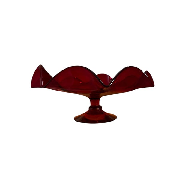 Mid-Century Modern 1960s Blenko Red Orange Footed Ruffled Blown Amberina Glass Compote Bowl For Sale - Image 3 of 7