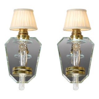 Art Deco French Mirrored Glass and Brass Wall Sconces, 1940s, Set of 2 For Sale