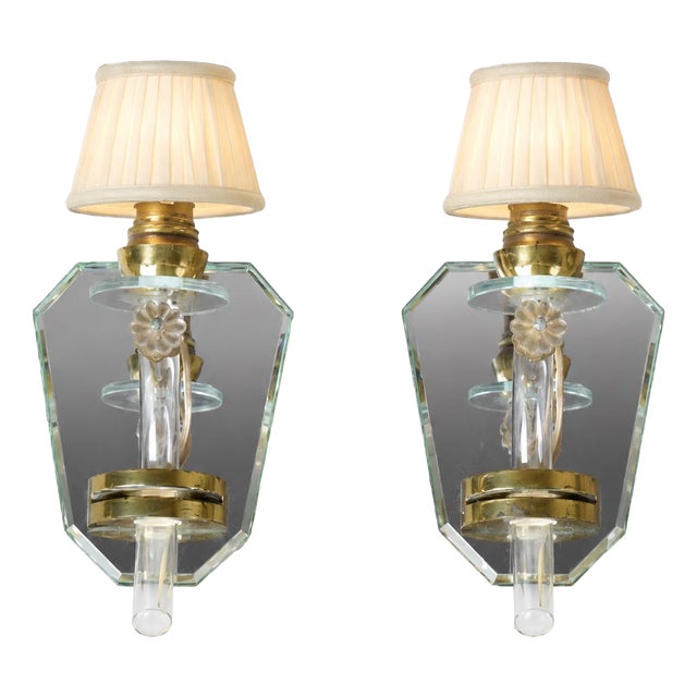 Art Deco French Mirrored Glass and Brass Wall Sconces, 1940s, Set of 2 For Sale