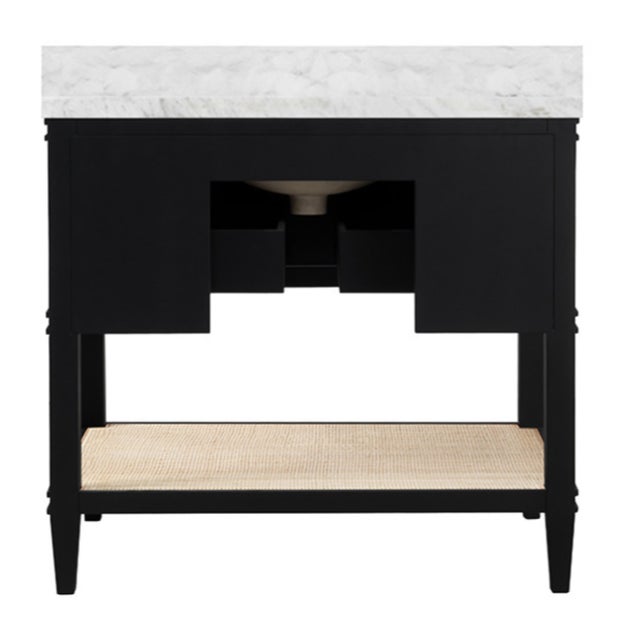 Contemporary Matthew Izzo Home Cutler Black Lacquer Single Porcelain Sink Bath Vanity With Brass Drawer Pulls and Marble Top For Sale - Image 3 of 9