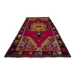 Handwoven Turkish Kilim Rug Anatolian Tribal Magenta Rug - 6′2″ X 13′3″ For Sale