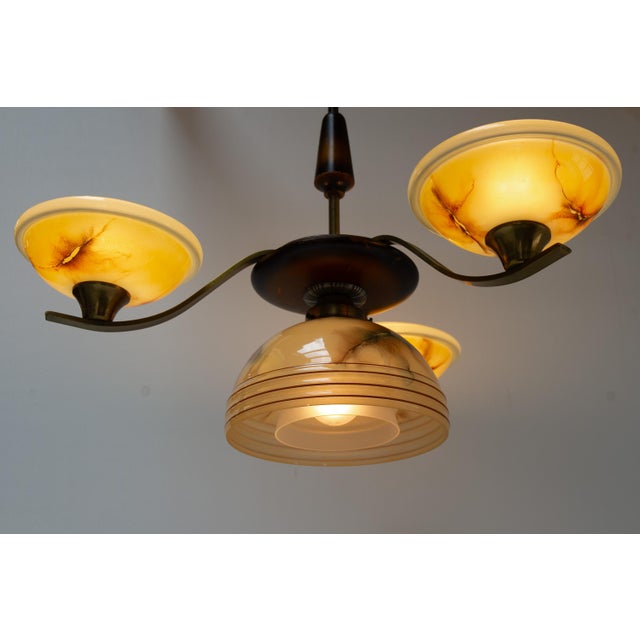 Metal Art Deco Danish Brass Chandelier with Marbled Opaline Shades, 1930s. For Sale - Image 7 of 18