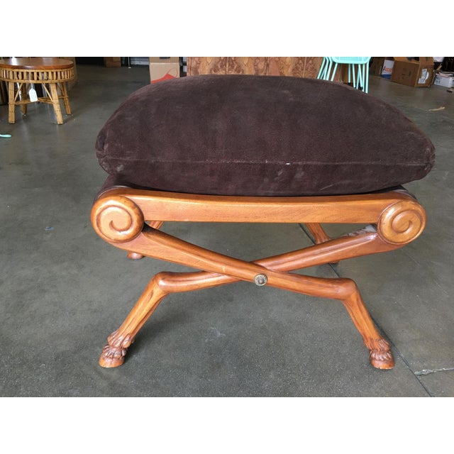 1980s Neo Classic Style Walnut Stool With Brown Velvet Top For Sale In Los Angeles - Image 6 of 8