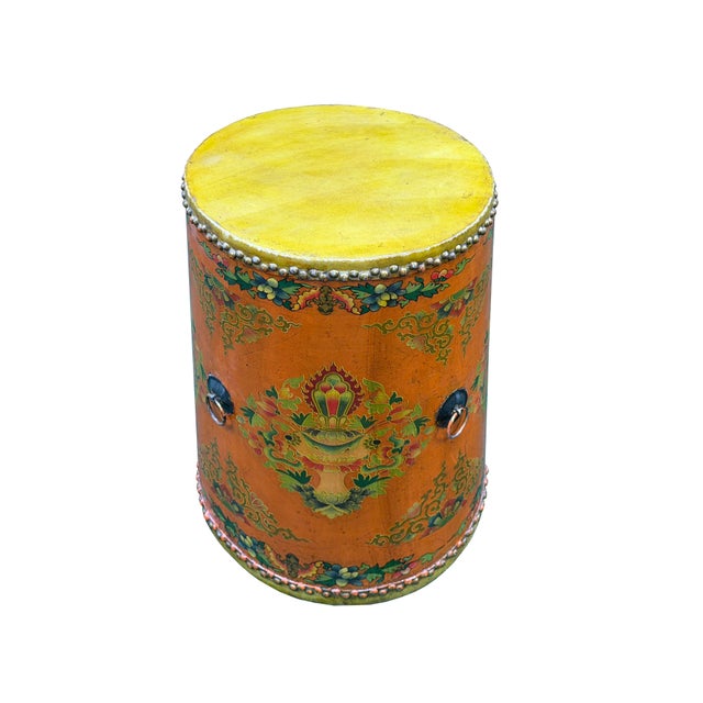 1990s Distressed Light Orange Tibetan Style Jewel Symbol Round Drum Table For Sale - Image 5 of 10