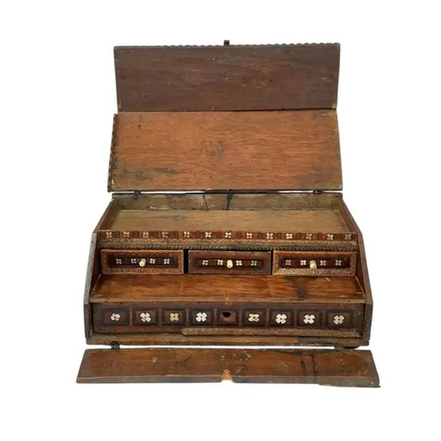 18th Century Spanish Colonial Inlaid Travel Desk, Wood and Iron, 17th Century For Sale - Image 5 of 15
