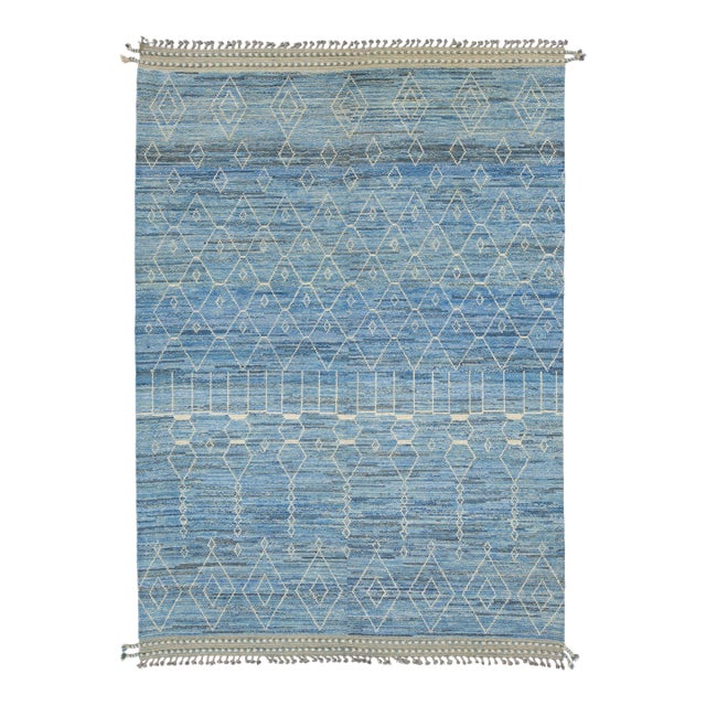 Modern Moroccan Style Wool Rug Handwoven Blue With Tribal Geometric Motifs For Sale