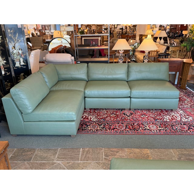 Fitzgerald Modular Teal Leather Sofa With Storage Ottoman, Set For Sale - Image 9 of 17