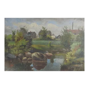 Vintage Early 20th Century European Farm Landscape Painting