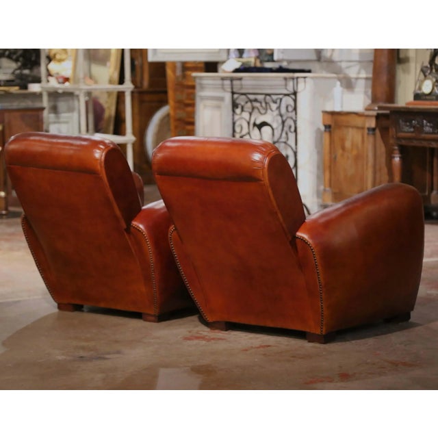 Brown Pair of Early 20th Century French Art Deco Brown Leather Club Armchairs For Sale - Image 8 of 9