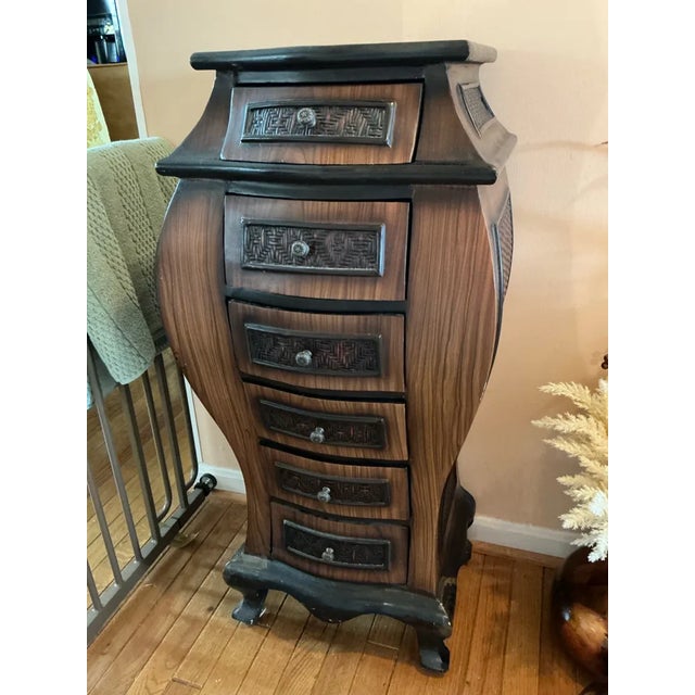 Brown Bombay Style Tall Chest of Drawers With Woven Rattan Accents For Sale - Image 8 of 9