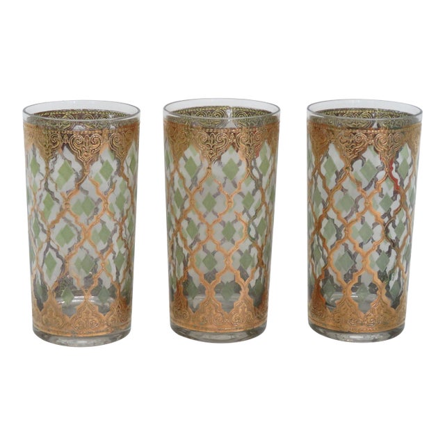 Culver Valencia Mid Century Barware Gold Highlight Glass Water Bar Cups Set of 3 For Sale