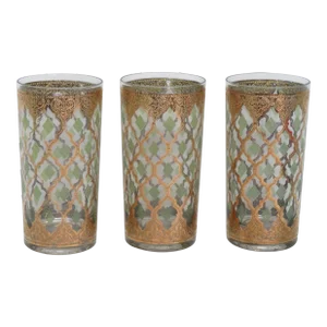 Culver Valencia Mid Century Barware Gold Highlight Glass Water Bar Cups Set of 3