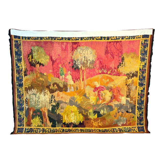 French Verdure Tapestry With Hunt Scene, Figures and Hounds For Sale