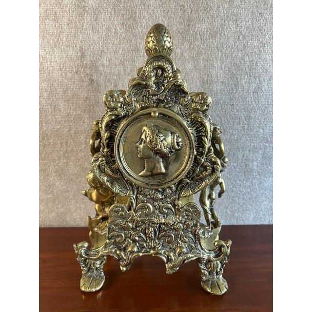 Vintage Antique Reproduction Rococo Style Ornate Brass Clock With Cherubs For Sale - Image 4 of 12