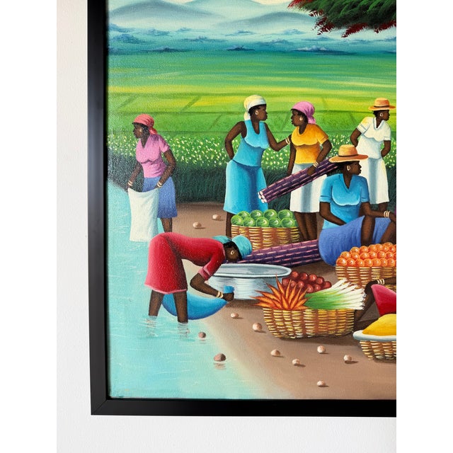 Vintage Barnes Folk Art Market Scene Oil on Canvas Painting – Framed For Sale - Image 9 of 14