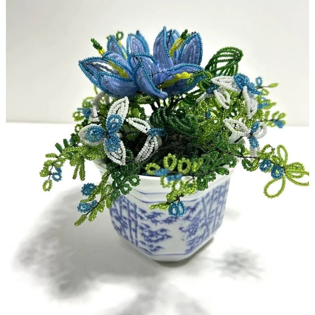 Vintage French Beaded Flower Arrangement – Blue Beaded Floral in Porcelain Cachepot For Sale - Image 4 of 9