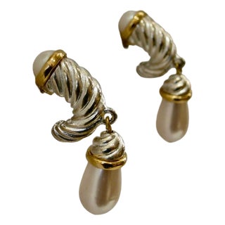 Givenchy 1980s Silver & Gold Plated Glass Pearl Dangle Earrings, 2 Pieces For Sale