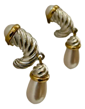 Givenchy 1980s Silver & Gold Plated Glass Pearl Dangle Earrings, 2 Pieces