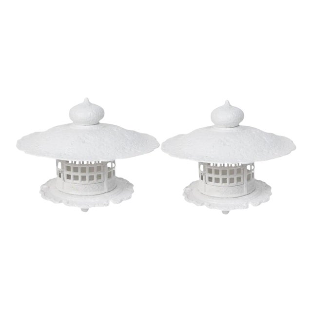 1960s White Gloss Enamel Cast Iron Pagoda Garden Lanterns - a Pair For Sale