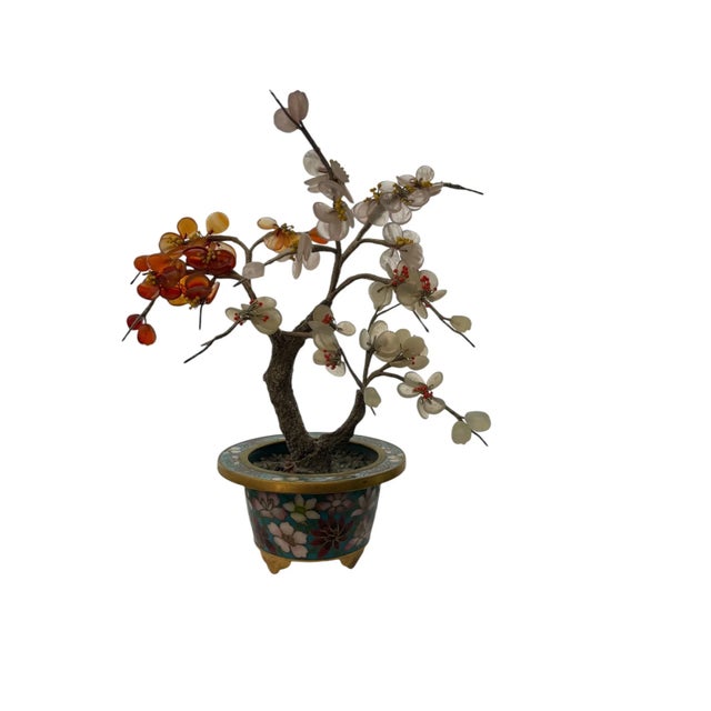 Vintage Chinese hard stone tree with quartz flowers in pale grey with a turquoise blue cloisonné pot. The little trees are...