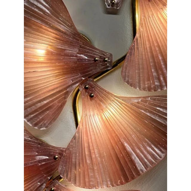 Pair of Pink Murano Glass and Brass Fan Sconces For Sale - Image 4 of 5