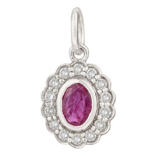 Victorian-Inspired Red Ruby & Diamond Halo Charm Pendant in 14k White Gold For Sale
