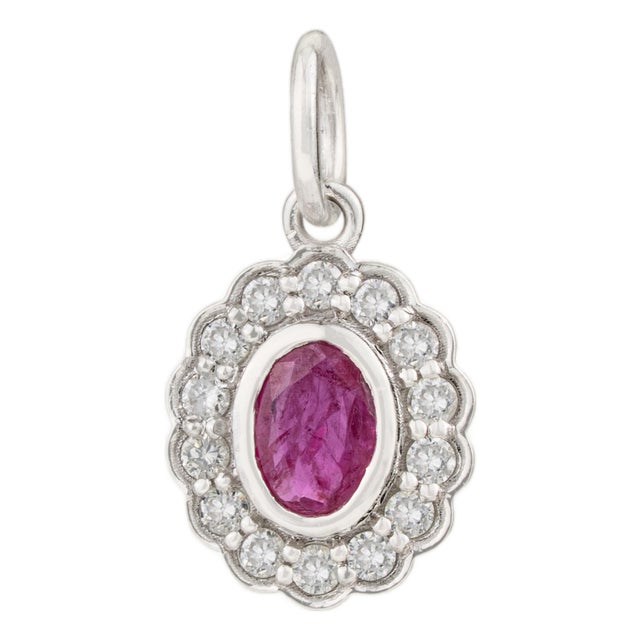 Victorian-Inspired Red Ruby & Diamond Halo Charm Pendant in 14k White Gold For Sale