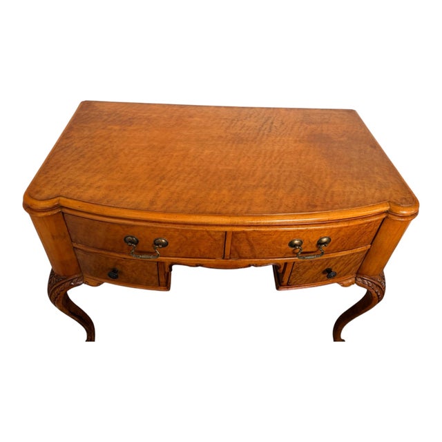 Vintage 1930s Queen Anne Style Burl Wood Writing Desk With Beveled Glass Top For Sale - Image 16 of 17