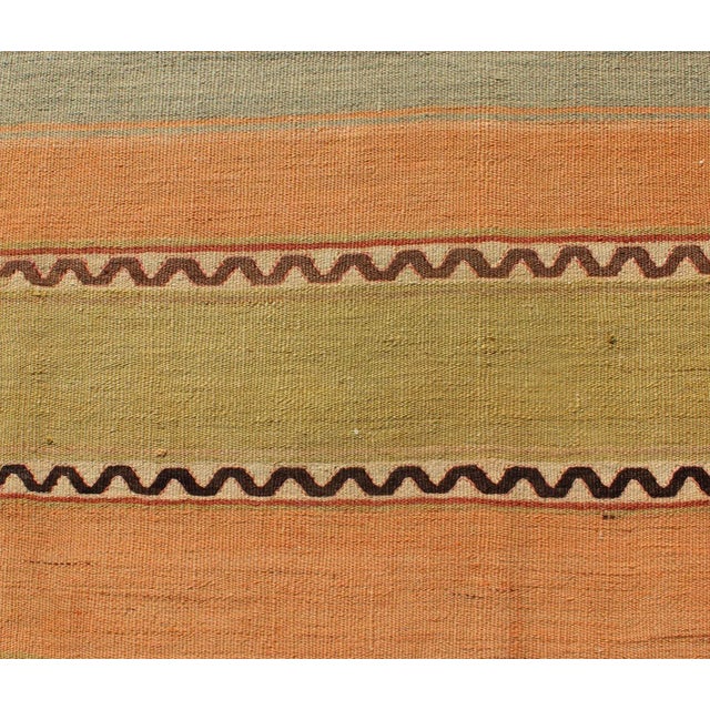 Green Vintage Turkish Hand Woven Kilim Runner With Stripes in Red, Green, Yellow, and Orange For Sale - Image 8 of 11