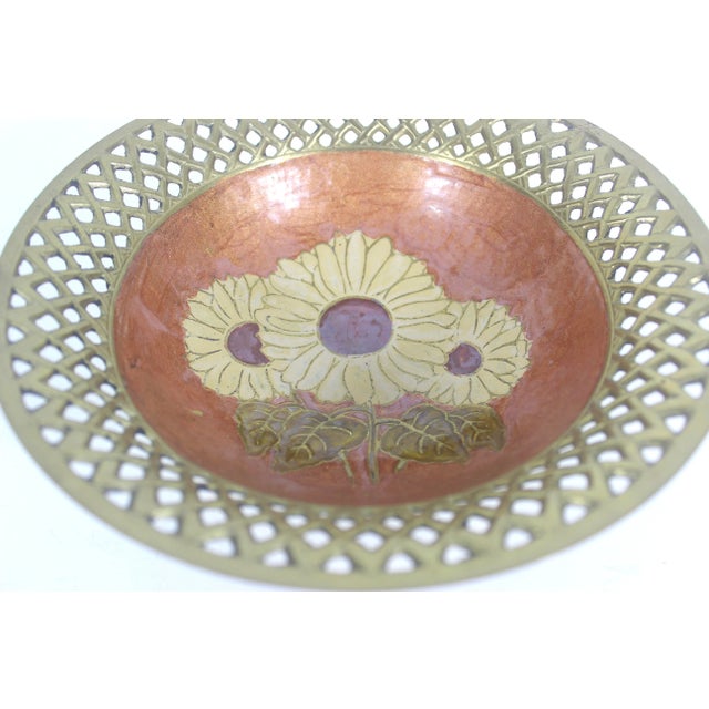 Metal Vintage Pierced Edge Sunflower Enamel Brass Trinket Pedestal Dish For Sale - Image 7 of 8